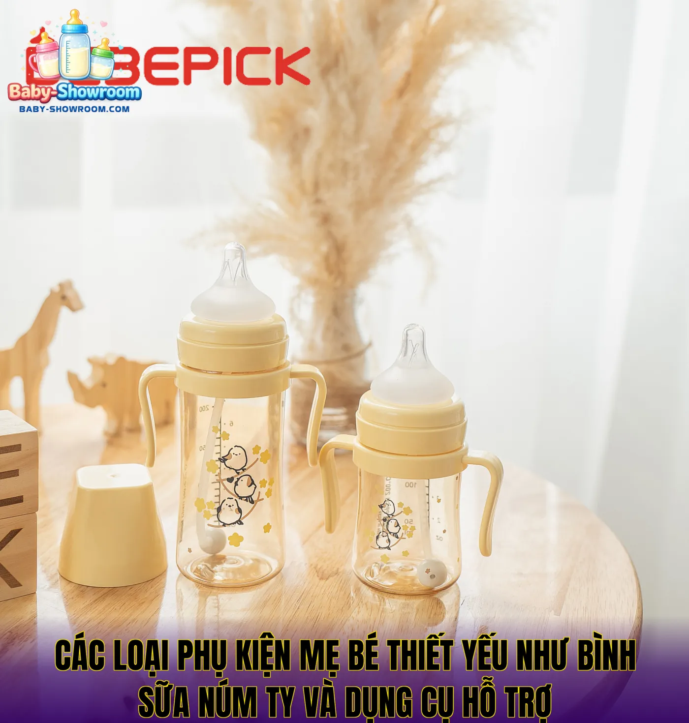 Các loại phụ kiện mẹ bé thiết yếu như bình sữa núm ty và dụng cụ hỗ trợ