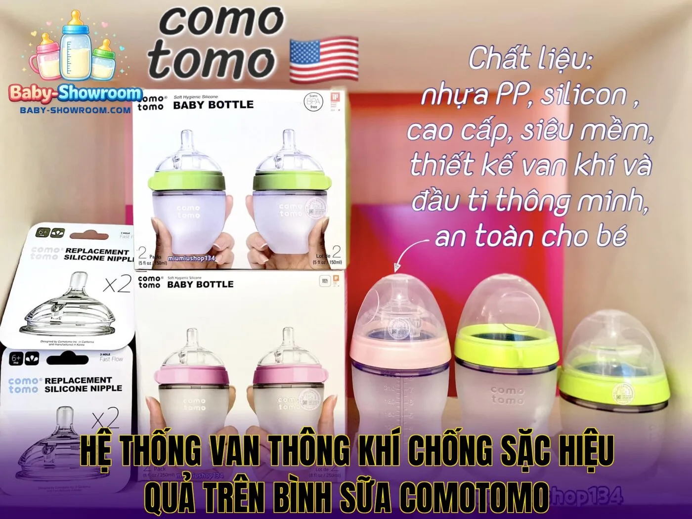 Hệ thống van thông khí chống sặc hiệu quả trên bình sữa Comotomo